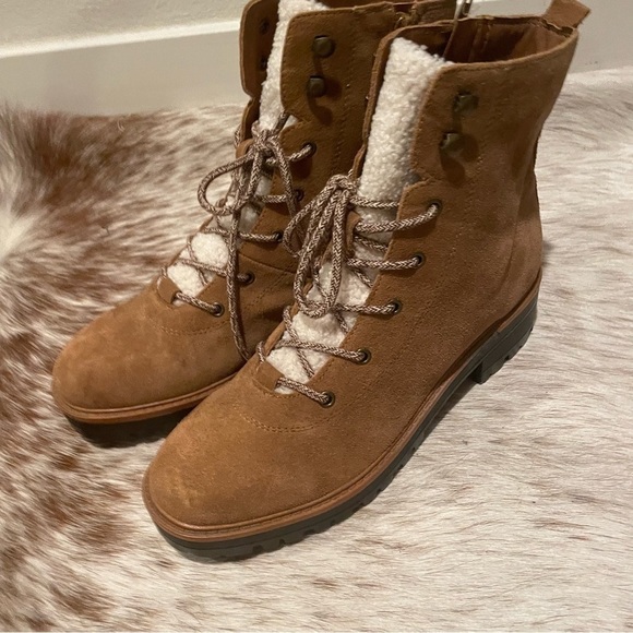 NWOB Marc Fisher Izma Boot Size 9.5 Shearling Suede Lace Up Combat Boots, Brown - Picture 4 of 13